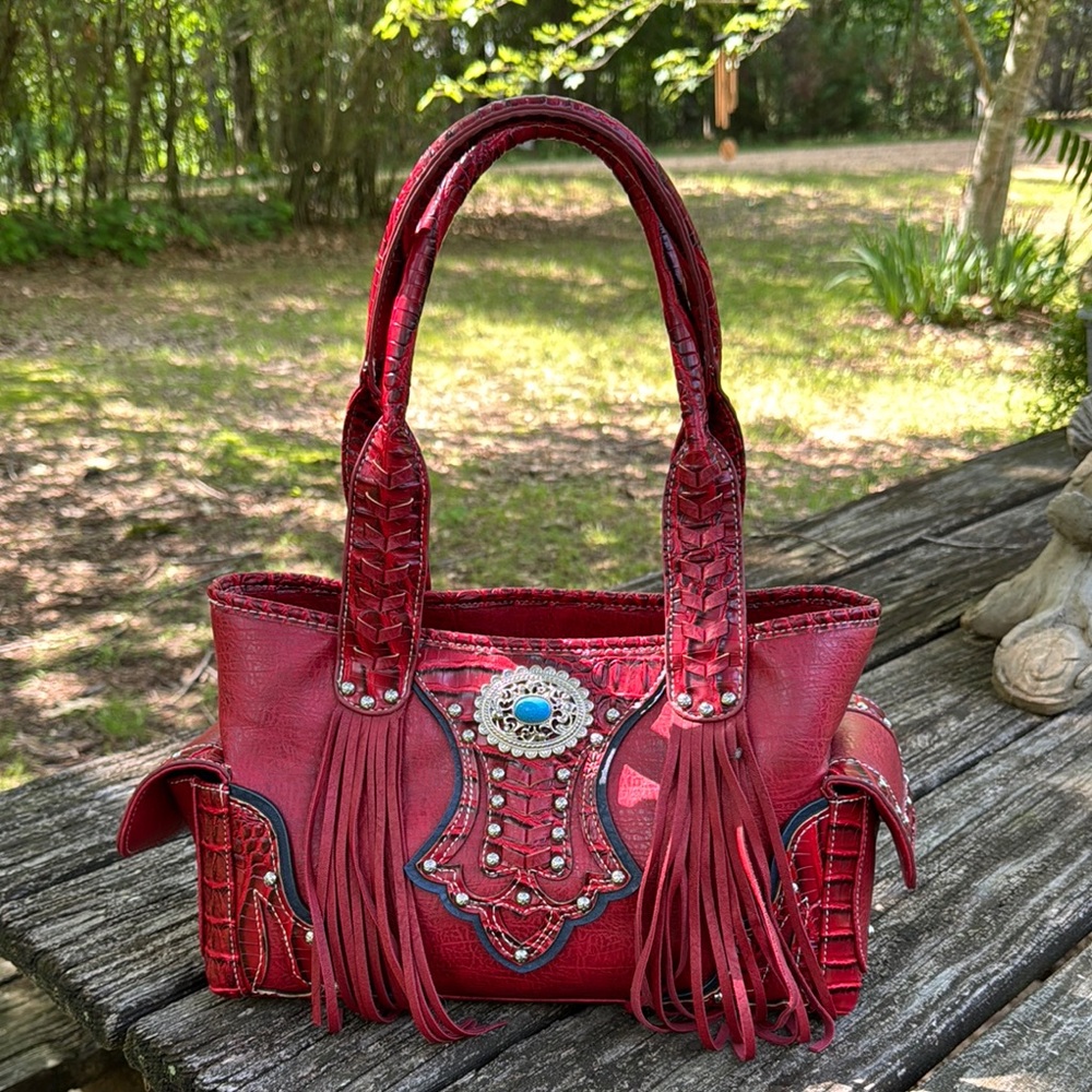 Red Shoulder Bag with Fringe and Silver Accents